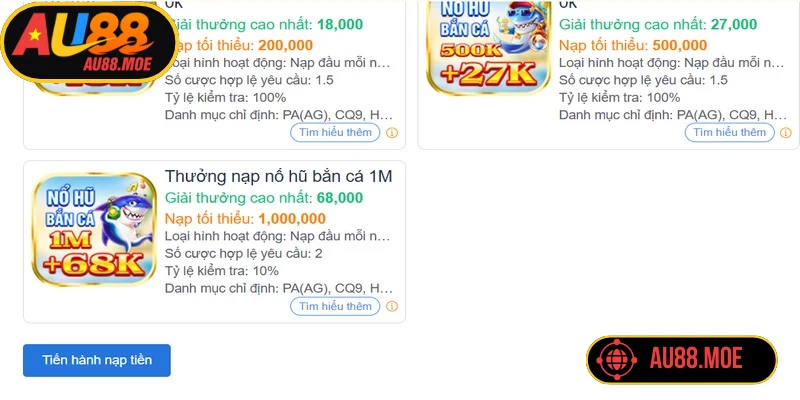 Khuyến mãi nạp tiền AU88 cùng các ưu đãi hấp dẫn
