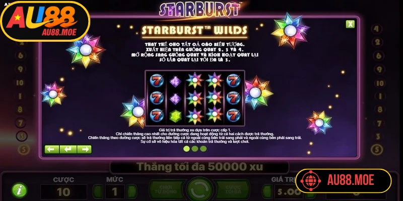 Starburst là slot 5 cuộn, nổi bật với giao diện rực rỡ, âm thanh sống động 
